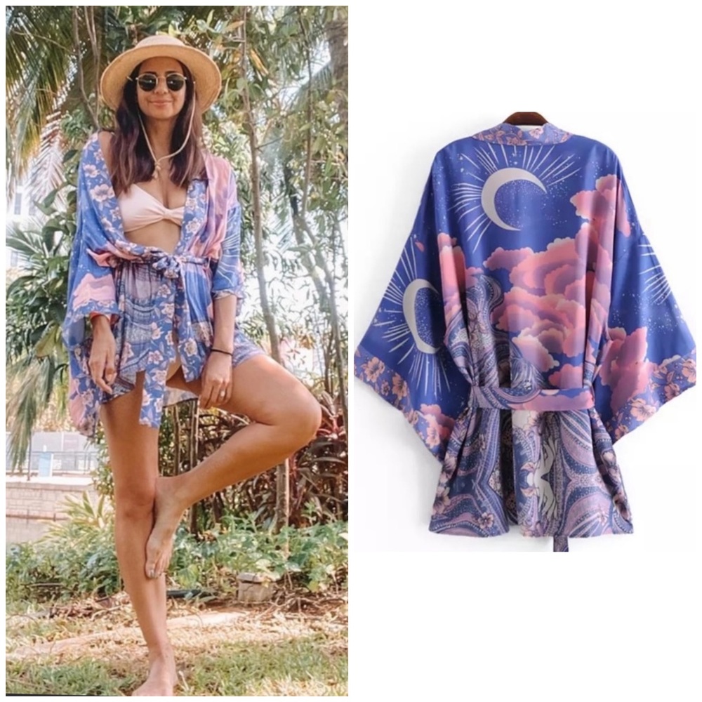 Cosmic Galaxy Moon Boho Short Kimono Coverup Robe